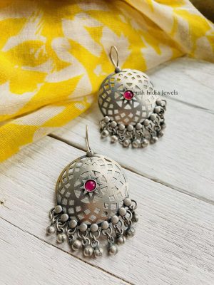 German Silver Round Star Ghungroo Hook Earrings (2)