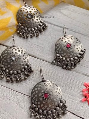 German Silver Round Star Ghungroo Hook Earrings