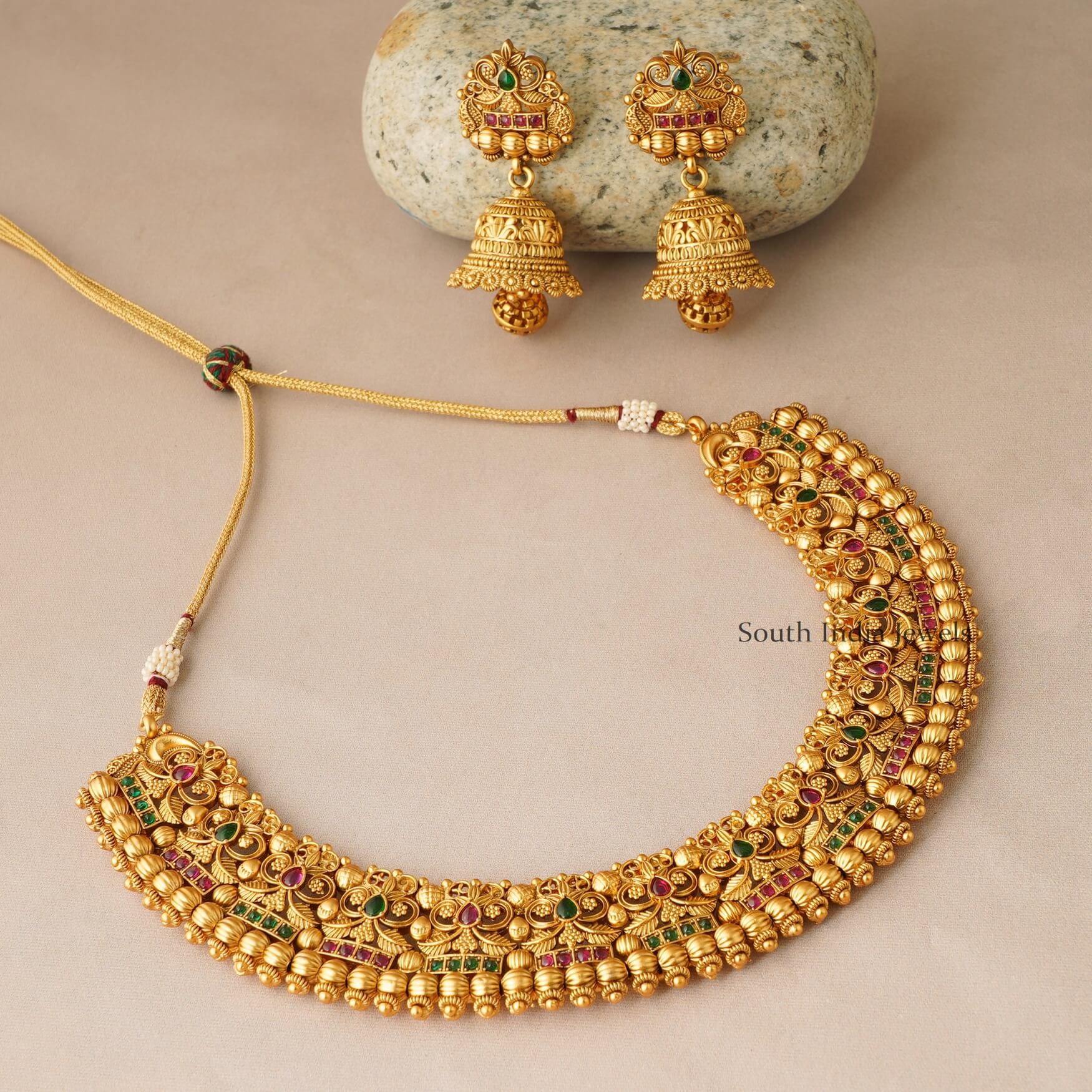 Intricate Stone Gold Finish Necklace - South India Jewels