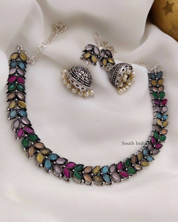 Multi Color Stone German Silver Necklace (2)