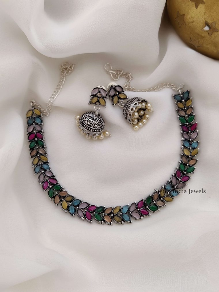 Multi Color Stone German Silver Necklace