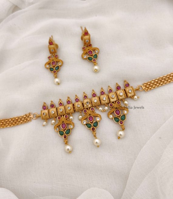 Simple Peacock Mini Choker Set - South India Jewels