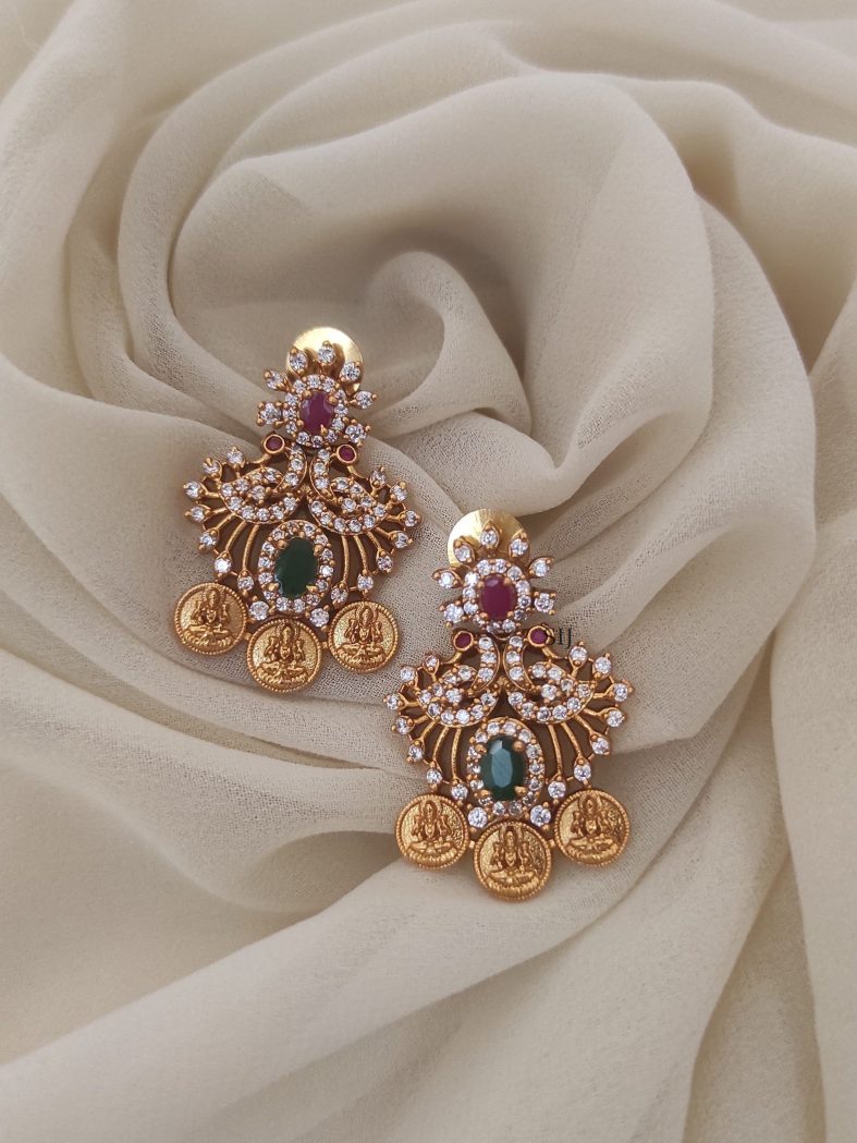 Lakshmi Tri Coins Earrings with CZ Stones