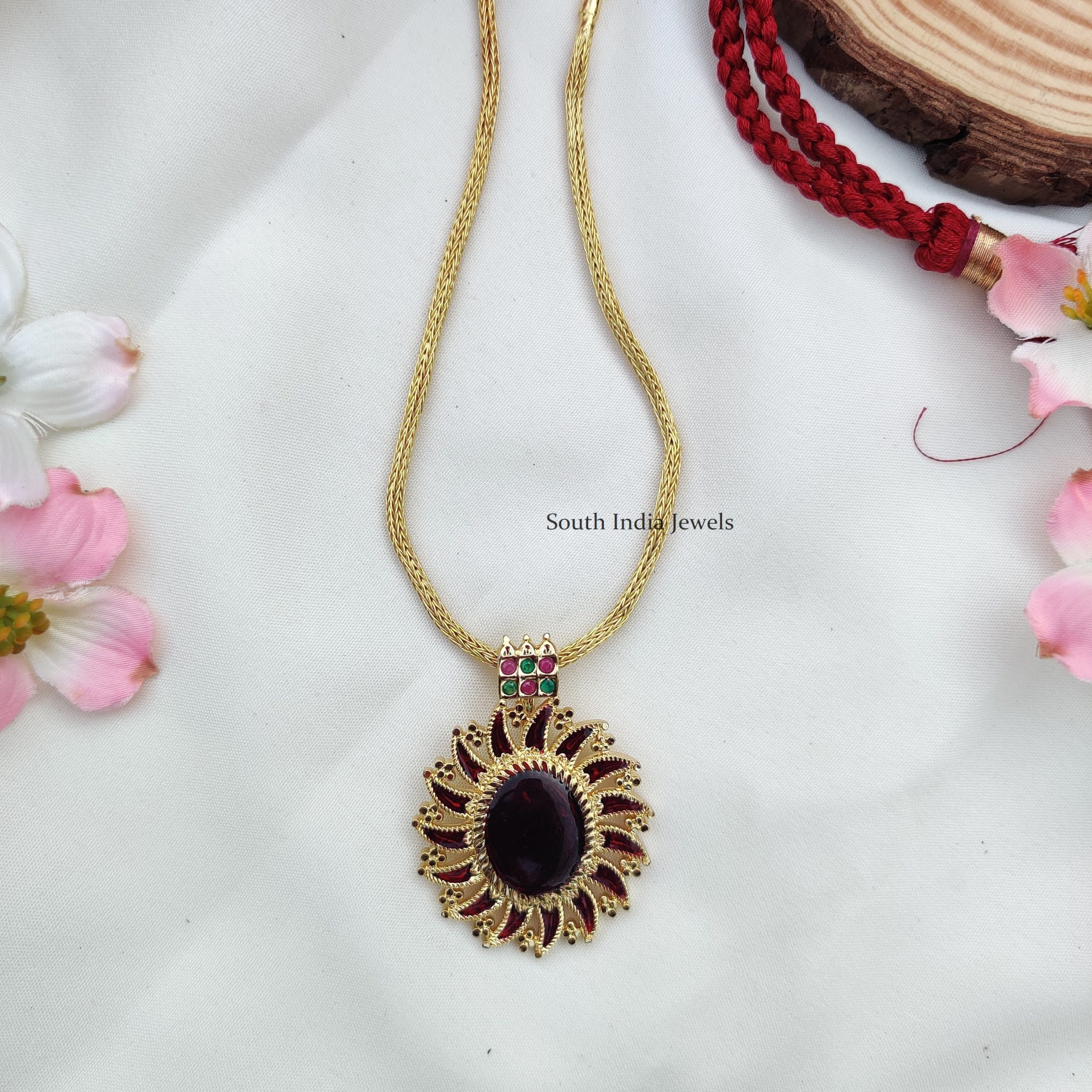 Classic Maroon Enamel Pendent With Chain