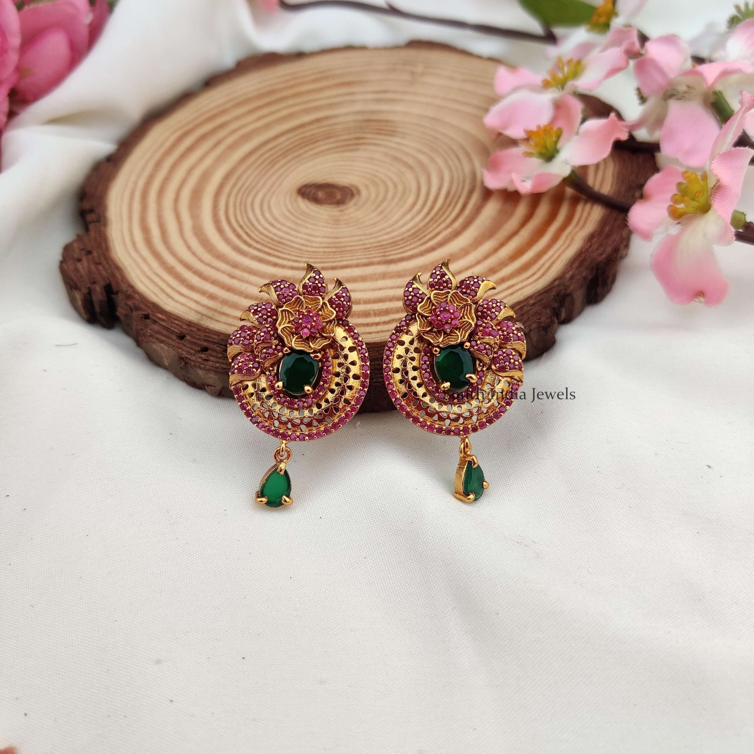 Floral Pink and Green Stone Earrings