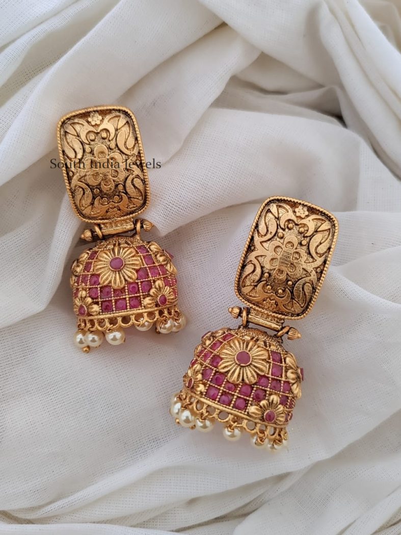 Gold Plated Floral Ruby Jhumkas