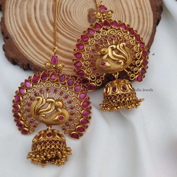 Grand Peacock Pink Jhumkas with Earchain (2)