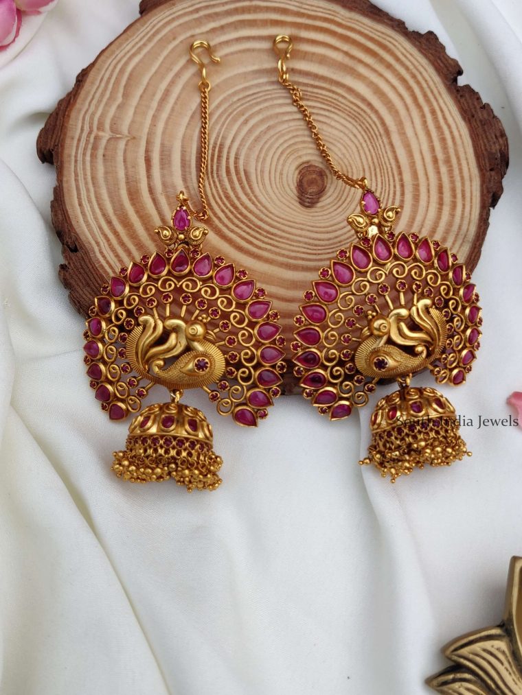 Grand Peacock Pink Jhumkas with Earchain