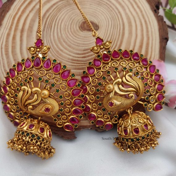 Grand Peacock Pink and Green Jhumkas with Earchain (2)