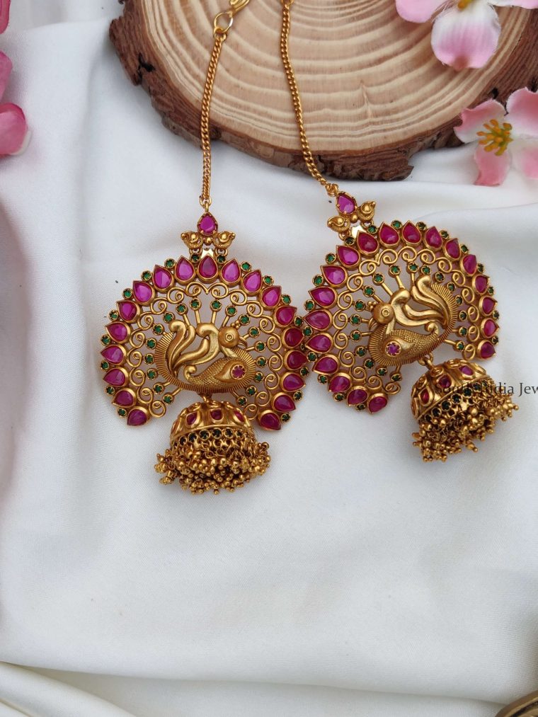Grand Peacock Pink and Green Jhumkas with Earchain