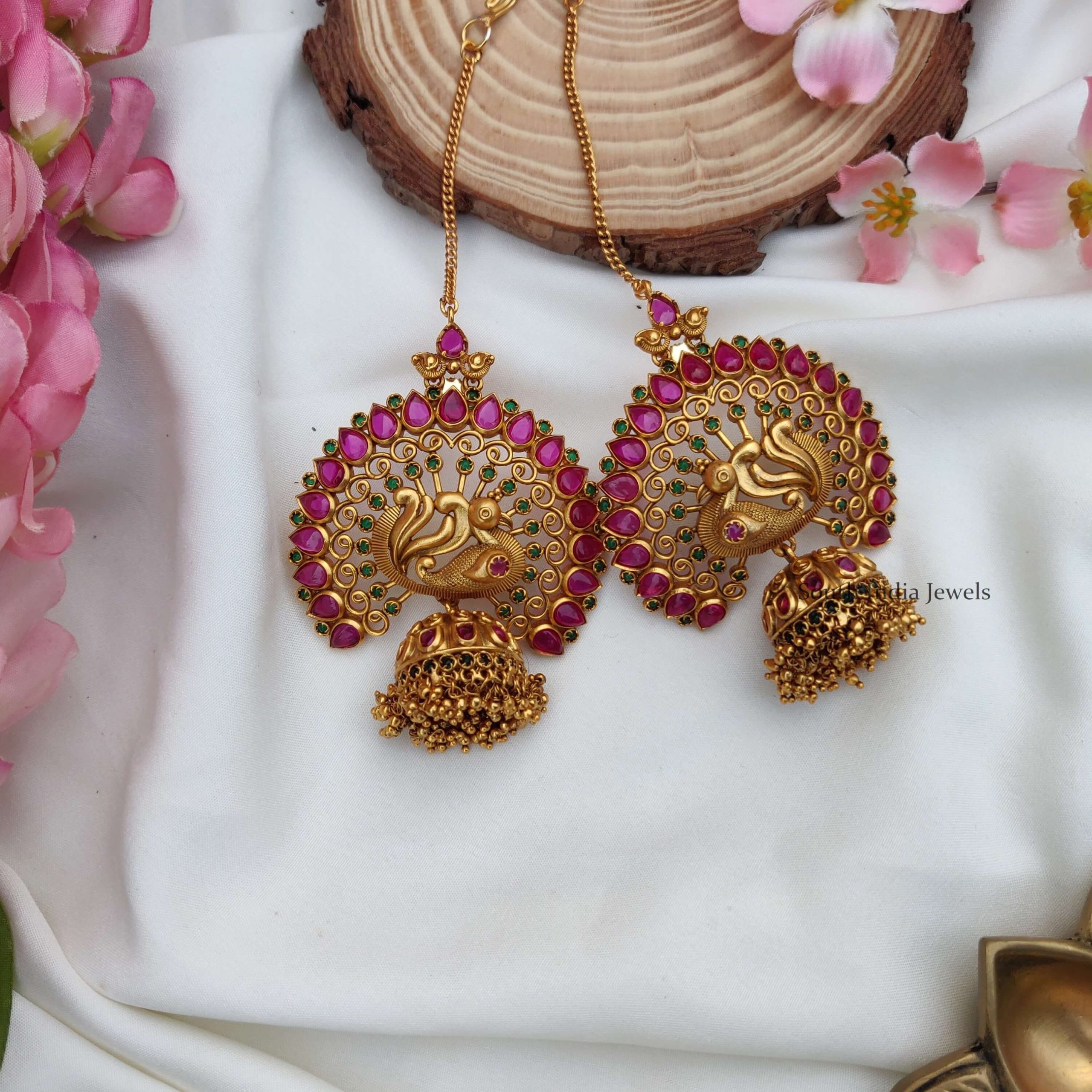 Grand Peacock Pink and Green Jhumkas with Earchain