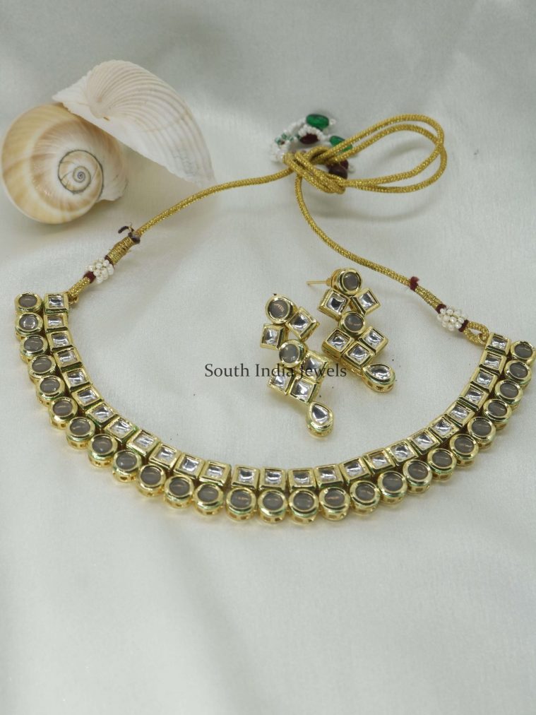 Grey Square Round Kundan Necklace