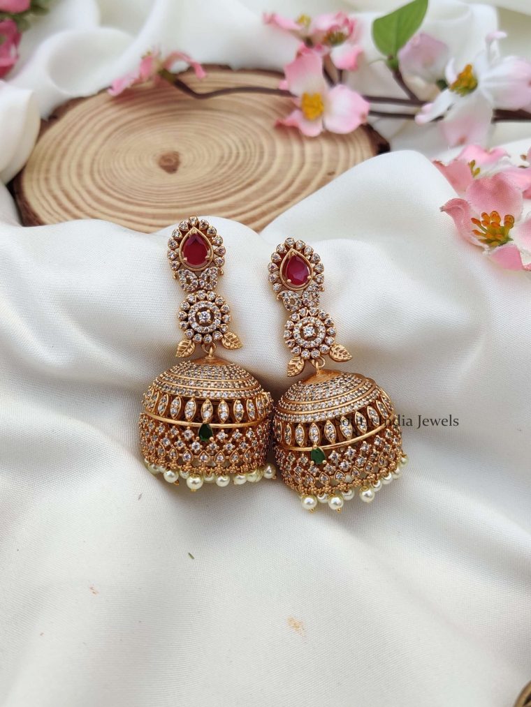 Pink and Green Stone Bridal Jhumkas