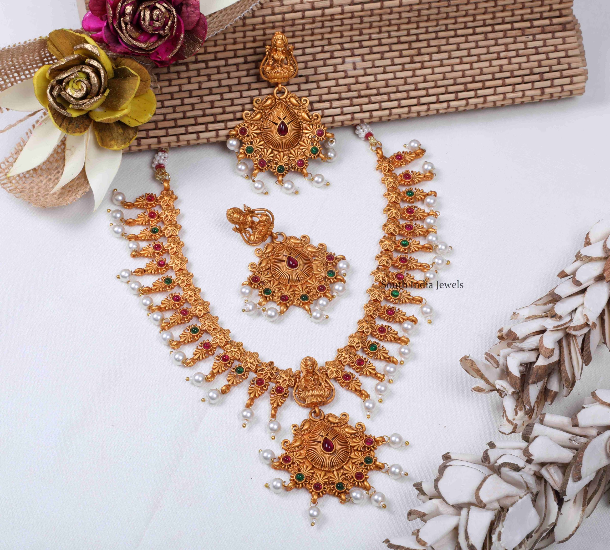 Ruby & Green Lakshmi Pear Necklace Set - South India Jewels