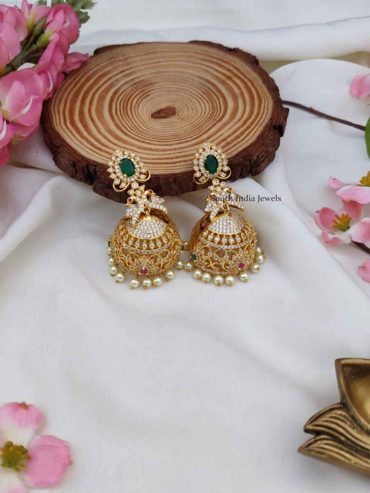 Gold Finish AD Stones Jhumkas with Pearl Hangings