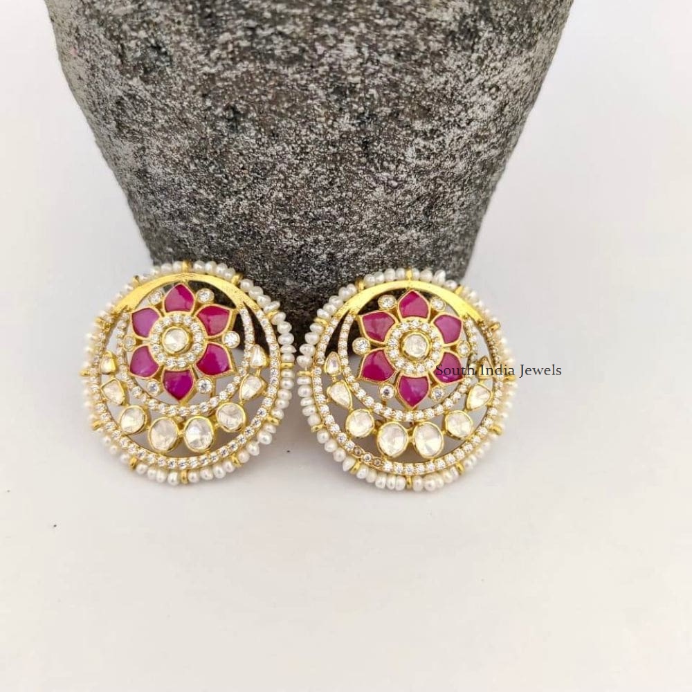 92.5 Silver Polki Ruby Design Earrings- south India Jewels