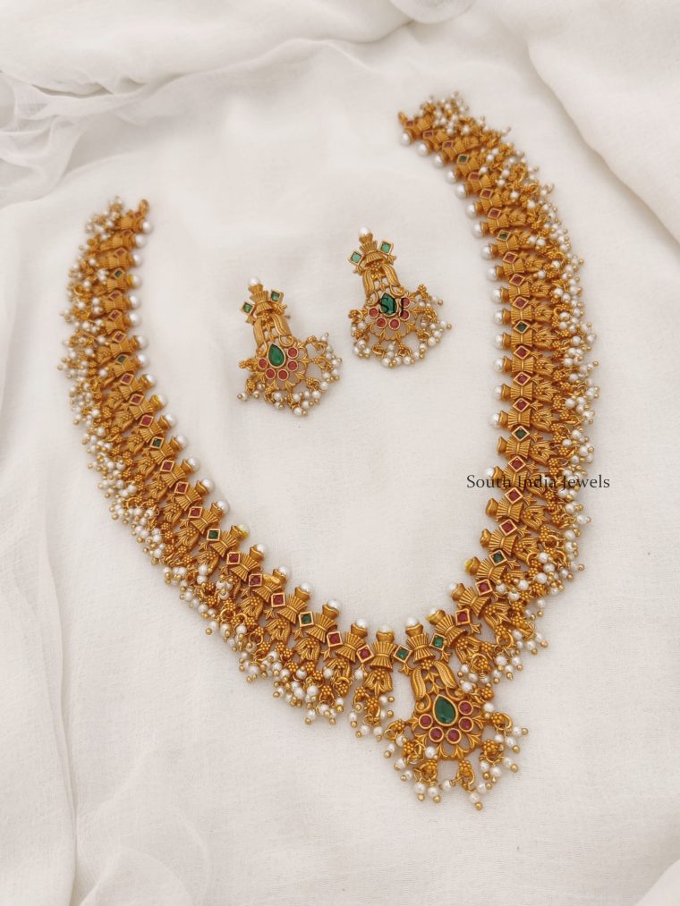 Antique Gold Finish Pearl Bunch Choker Set - South India Jewels