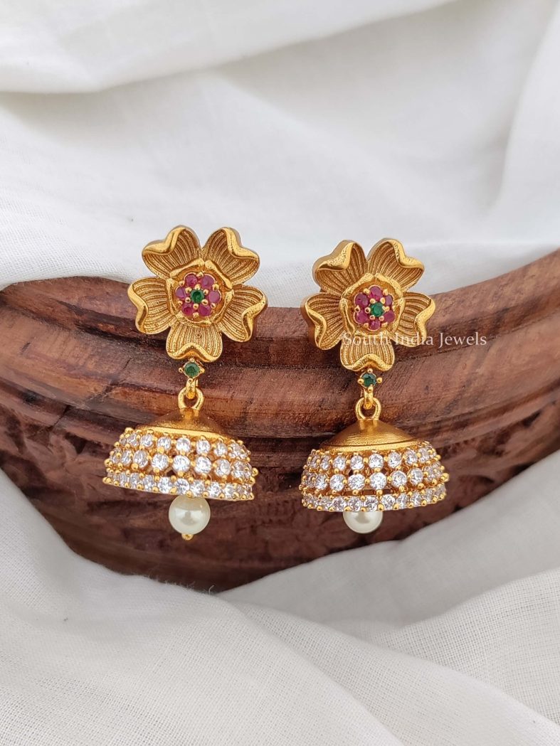 Flower Earrings with White Stones Jhumkas