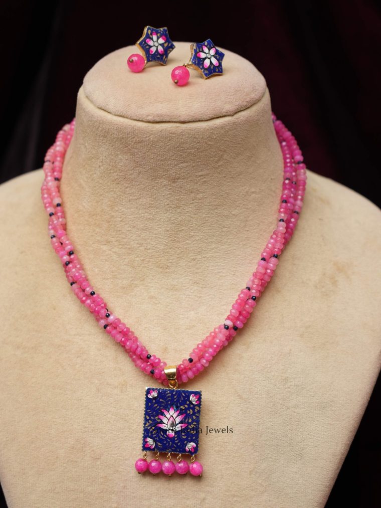 Pink Beads Blue Necklace