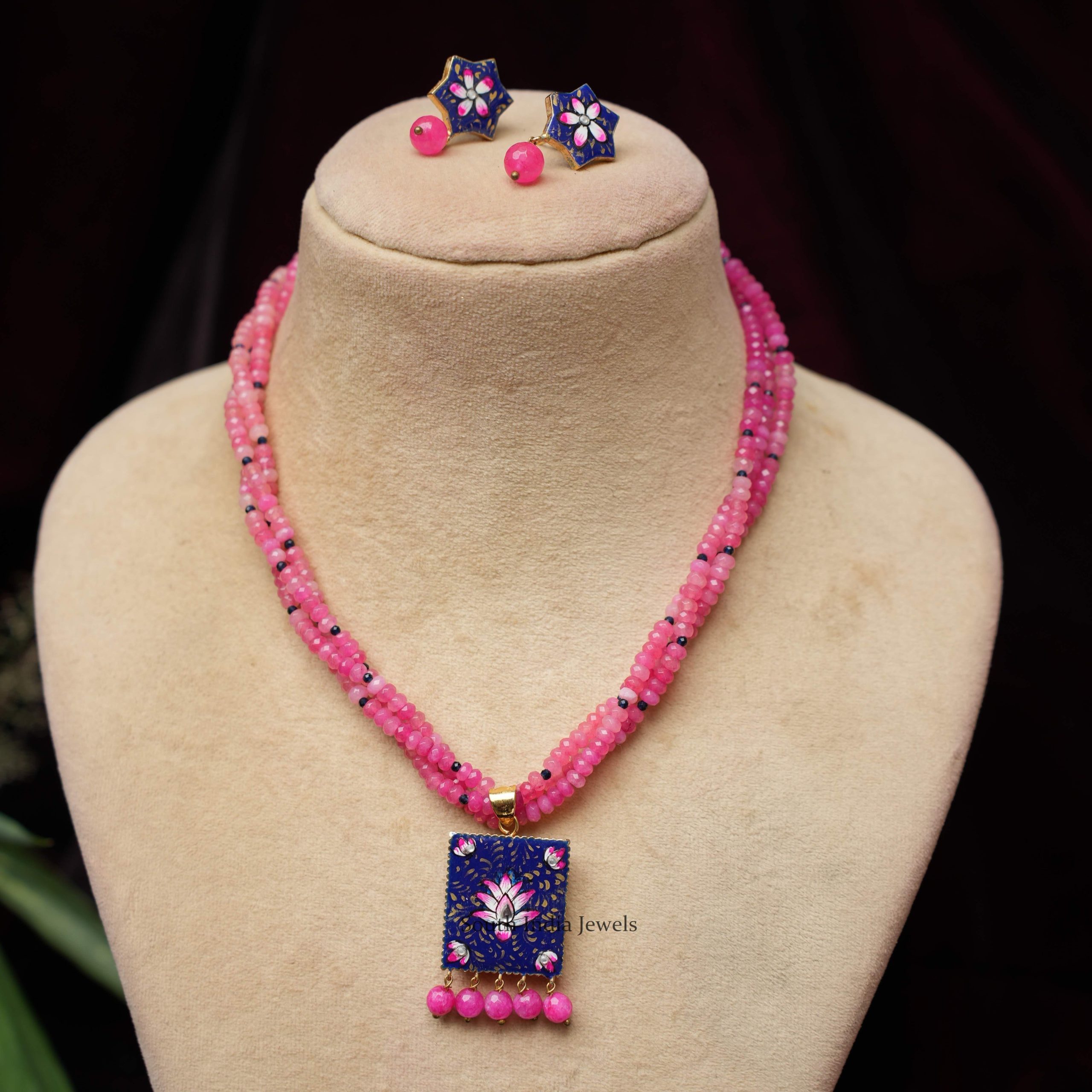 Pink Beads Blue Necklace