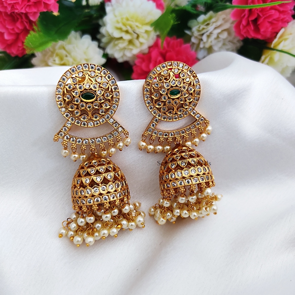 Matte Finish Jhumkas with Pearl Hangings