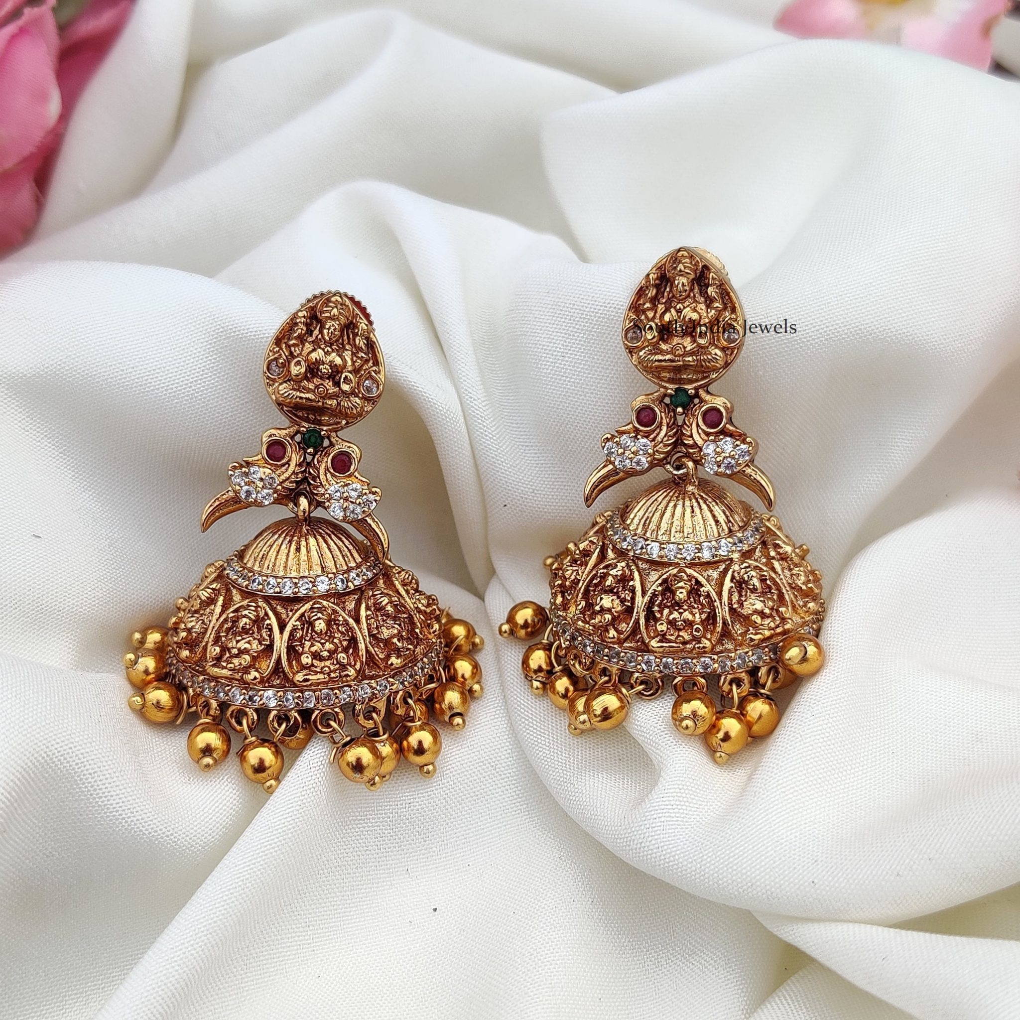 Meenakshi Parrot AD Stone Jhumkas - South India Jewels