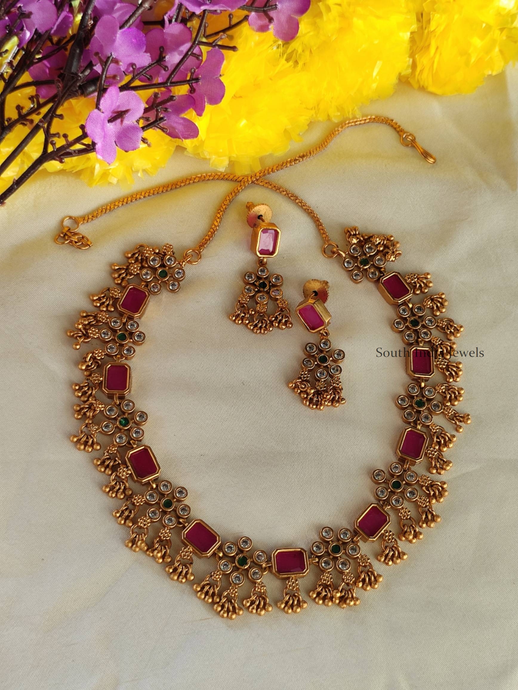 Adorable Lakshmi pearls design necklace with earrings. These are so trending jewelry products that are so gorgeous. Also shop more Trendy Lakshmi Pearl Necklace at South India Jewels Online Stores.