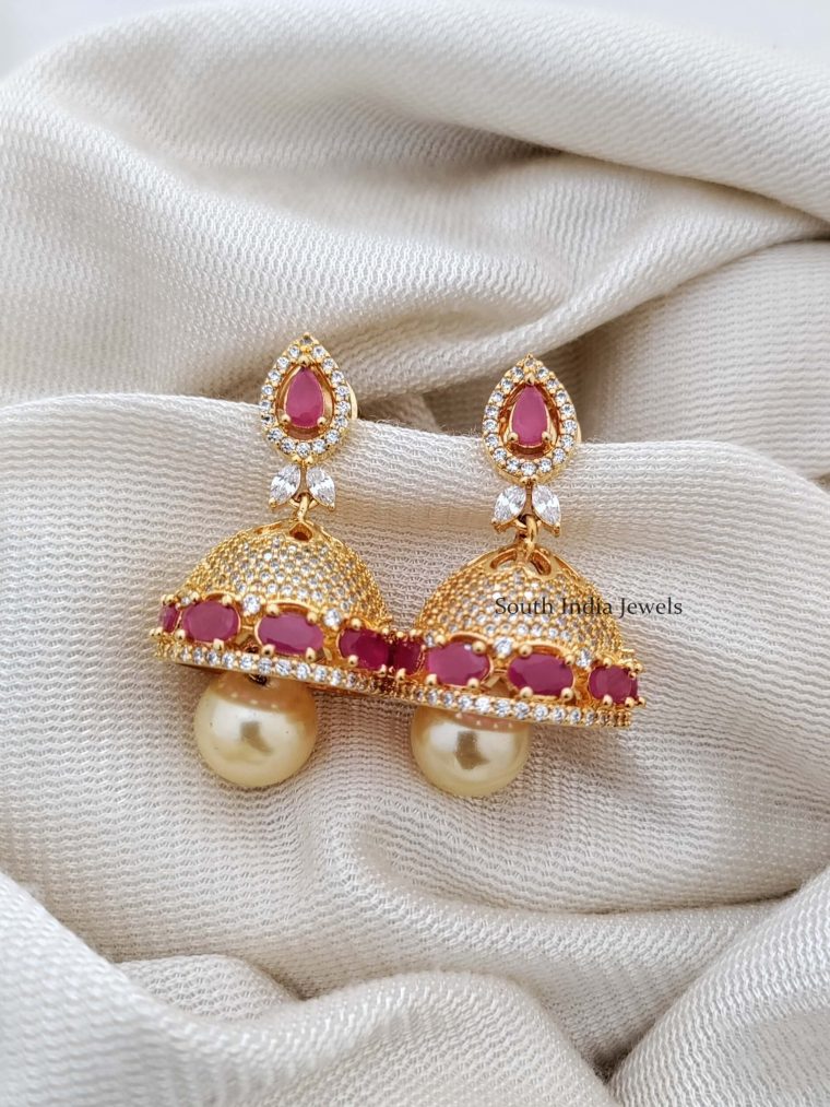 Ruby and CZ Stones Jhumkas with Pearl Drop