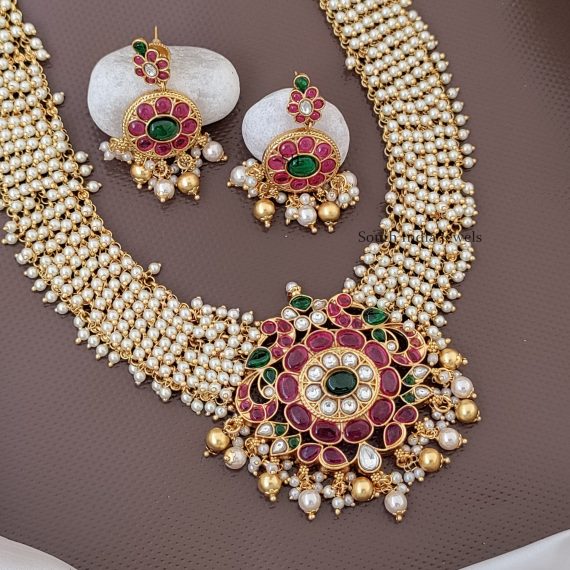Attractive design haram with matching gorgeous earrings. Also shop more Cute Pearl Cluster Bridal Haram at South India Jewels