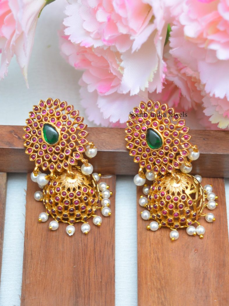 Kemp Stones Jhumkas with Pearl Hangings