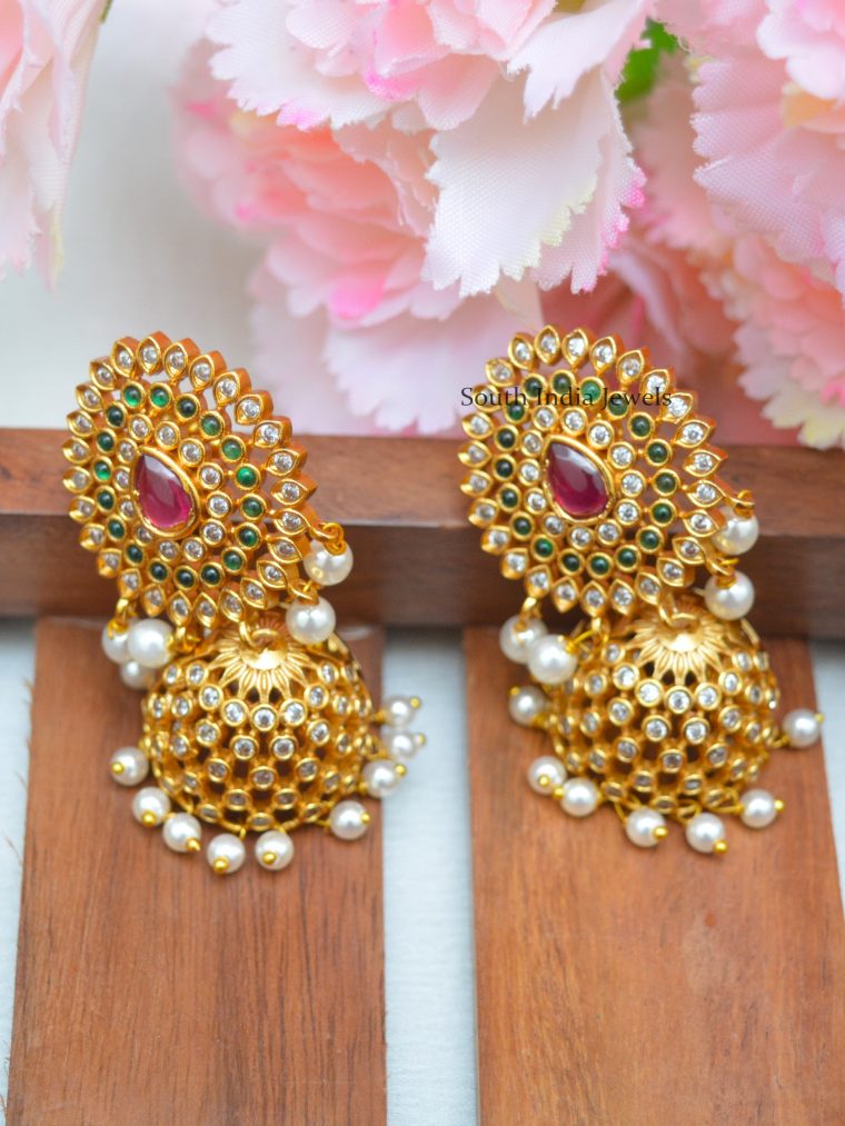 Round Flower Kemp Stones Jhumkas with Pearl Hangings