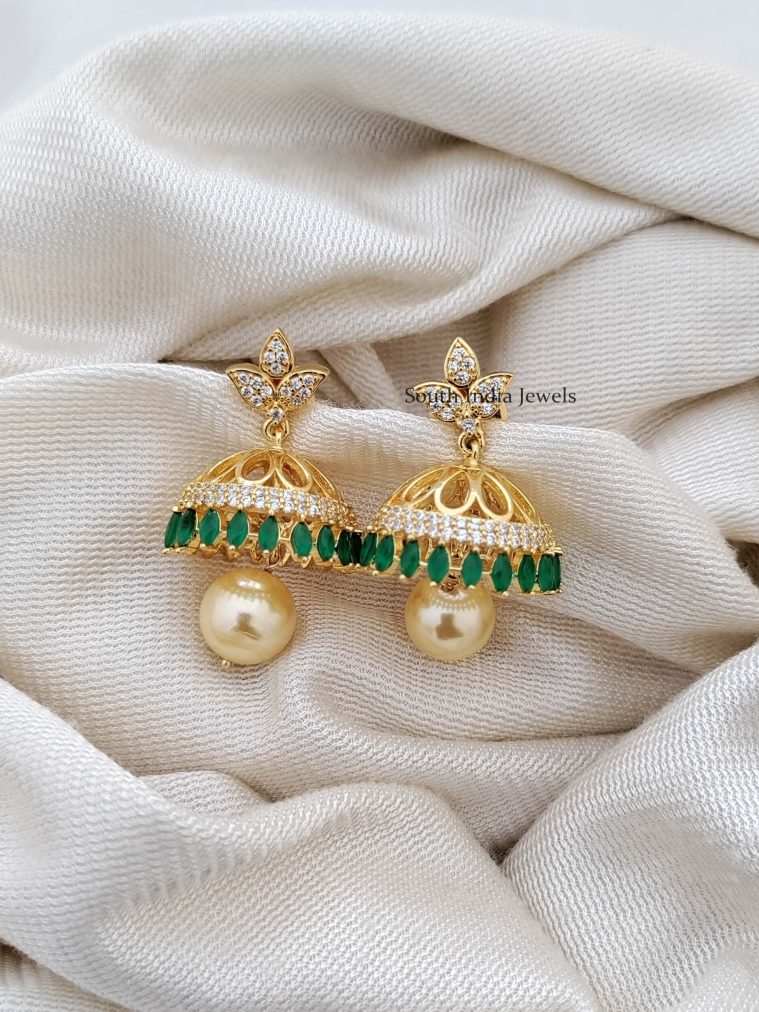 Leaf Design Earrings with White and Green Stones Jhumkas