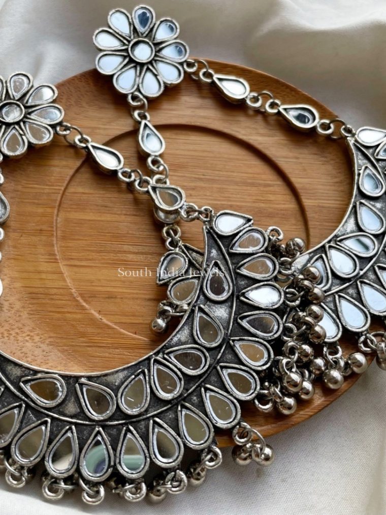 Oxidised Silver Mirror Leela Chandbali Earrings