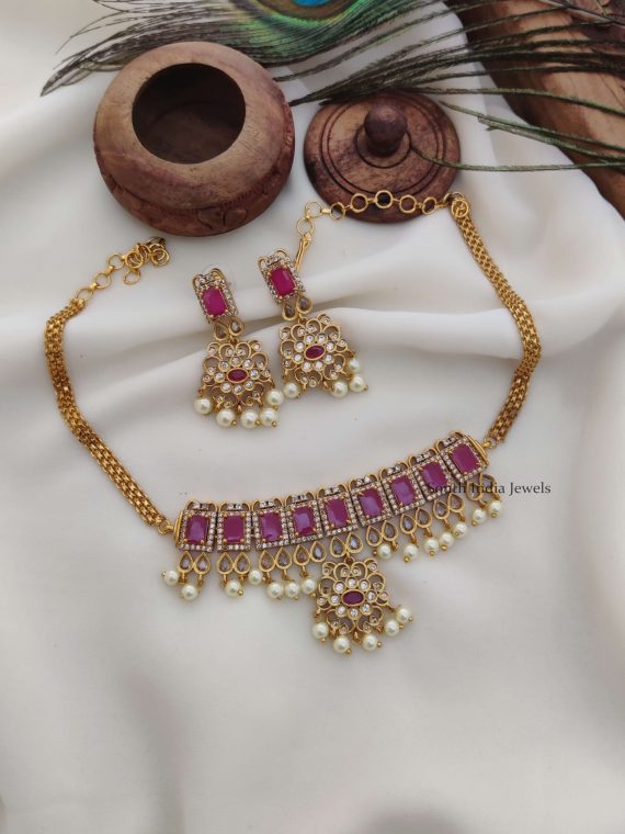 Pink Stone Pearl Choker Set - South India Jewels - Choker