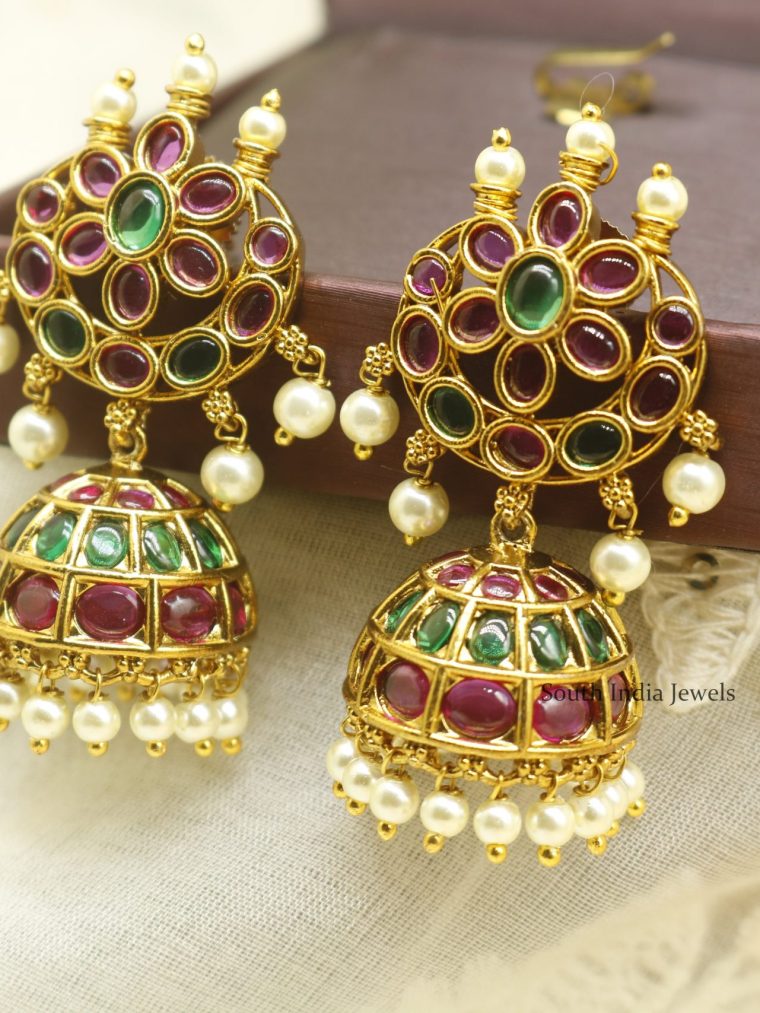 Ruby Green Pearl Cresent Shape Jhumkas