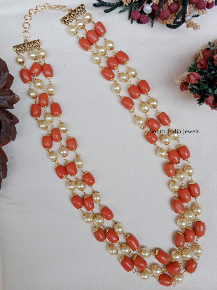 Three Layered pearl And Coral Chain