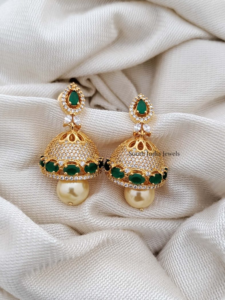 Gold Finish Emerald and White Stones Jhumkas