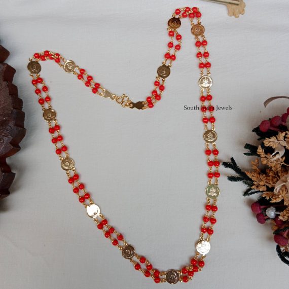 Two Layered Coral Chain With Lakshmi Coin