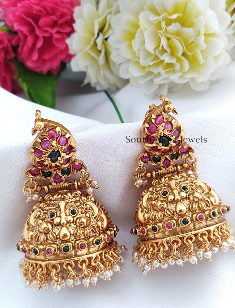 Peacock Design Kemp Stones Jhumkas