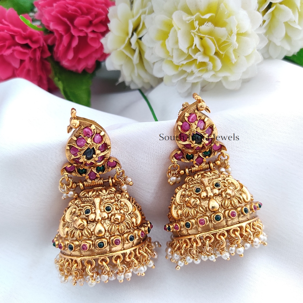 Peacock Design Kemp Stones Jhumkas