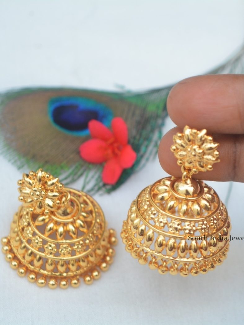 Gold Finish Flower Earrings with Jhumkas