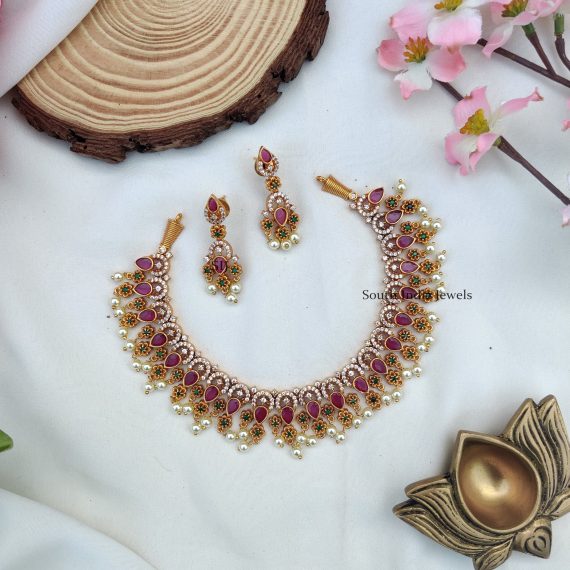 Floral AD Stones Necklace - South India Jewels - Online Shop