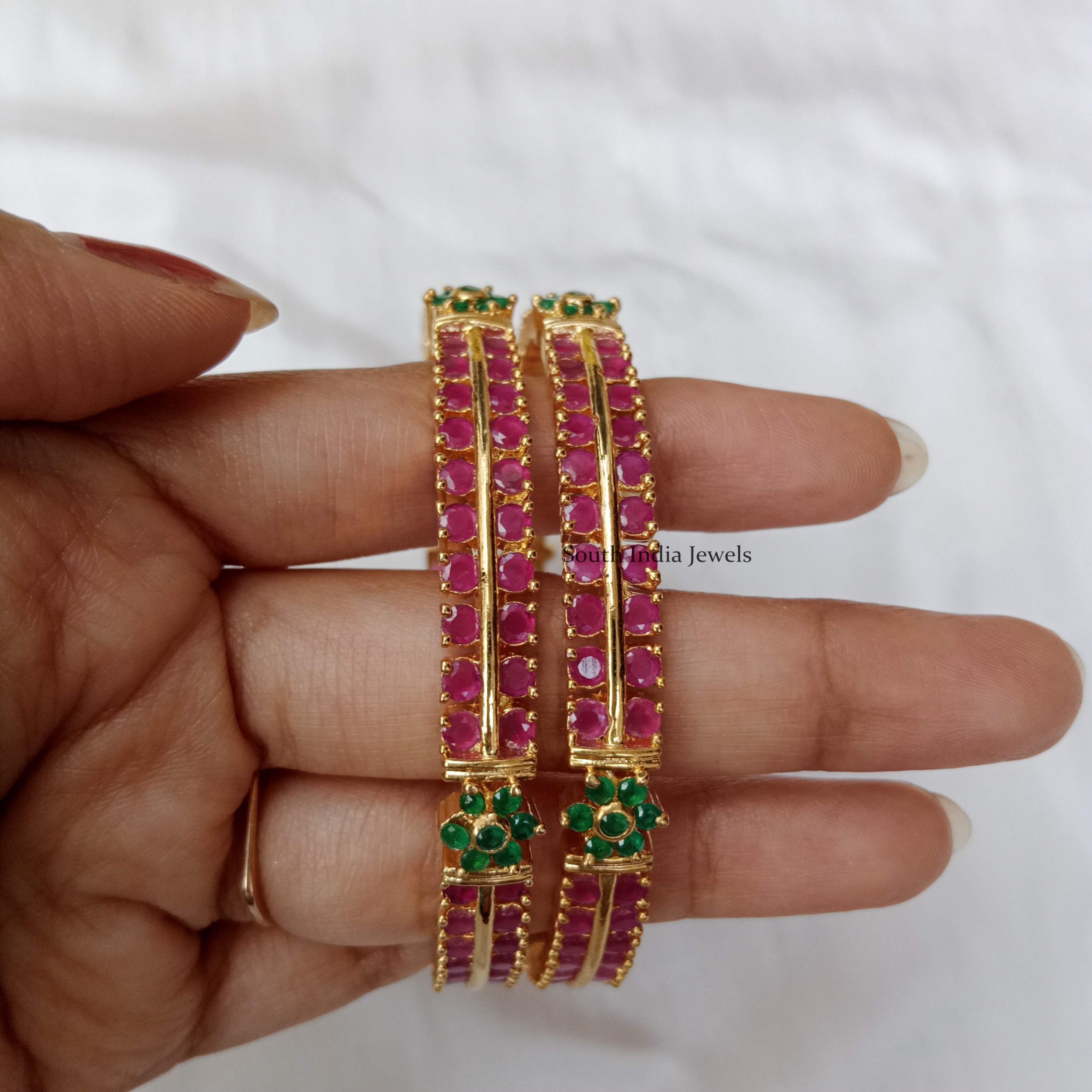 One gram gold bangles designs ruby and emerald stone model 28 size   Swarnakshi Jewelry