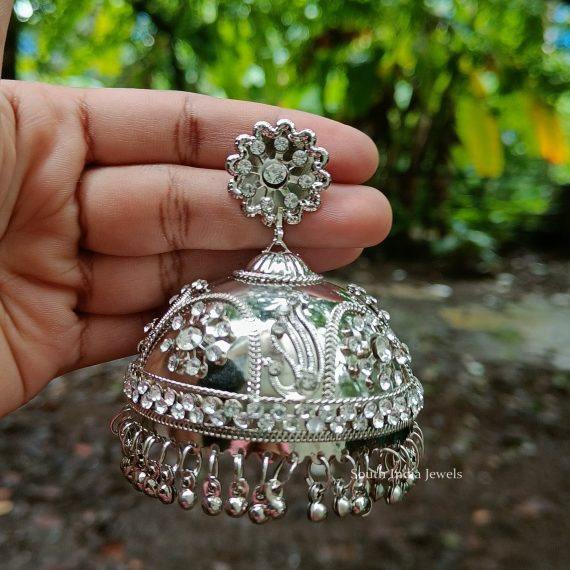 Glossy Silver tone Over Sized Jhumkas (