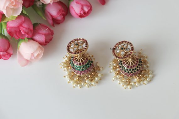 Style this with your favorite sarees or traditional wears. Also shop more Lovely Design Easha Jhumkas at South India Jewels.