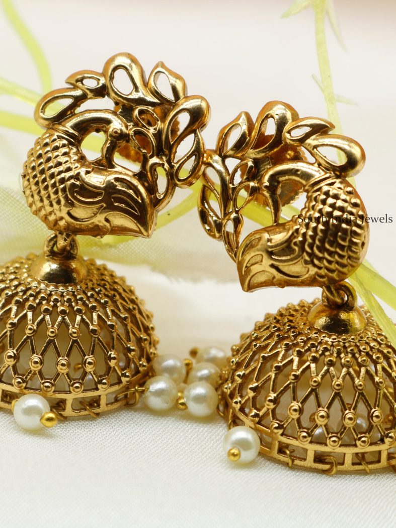 Peacock Matt Gold Jhumkas (2)