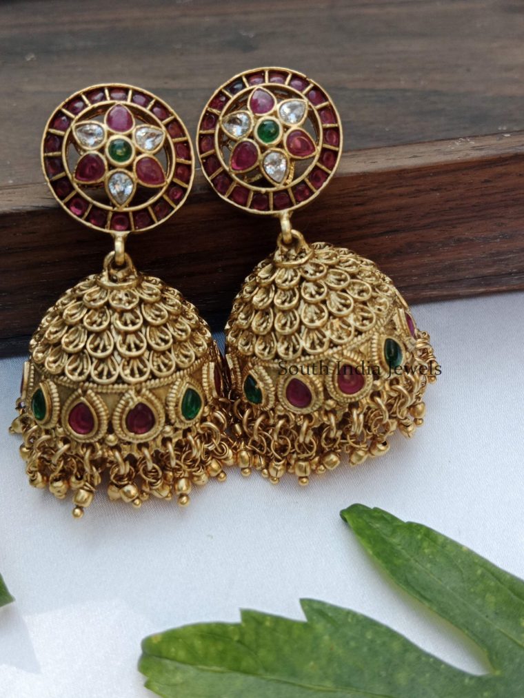 Antique Finish Kemp Stones Jhumkas