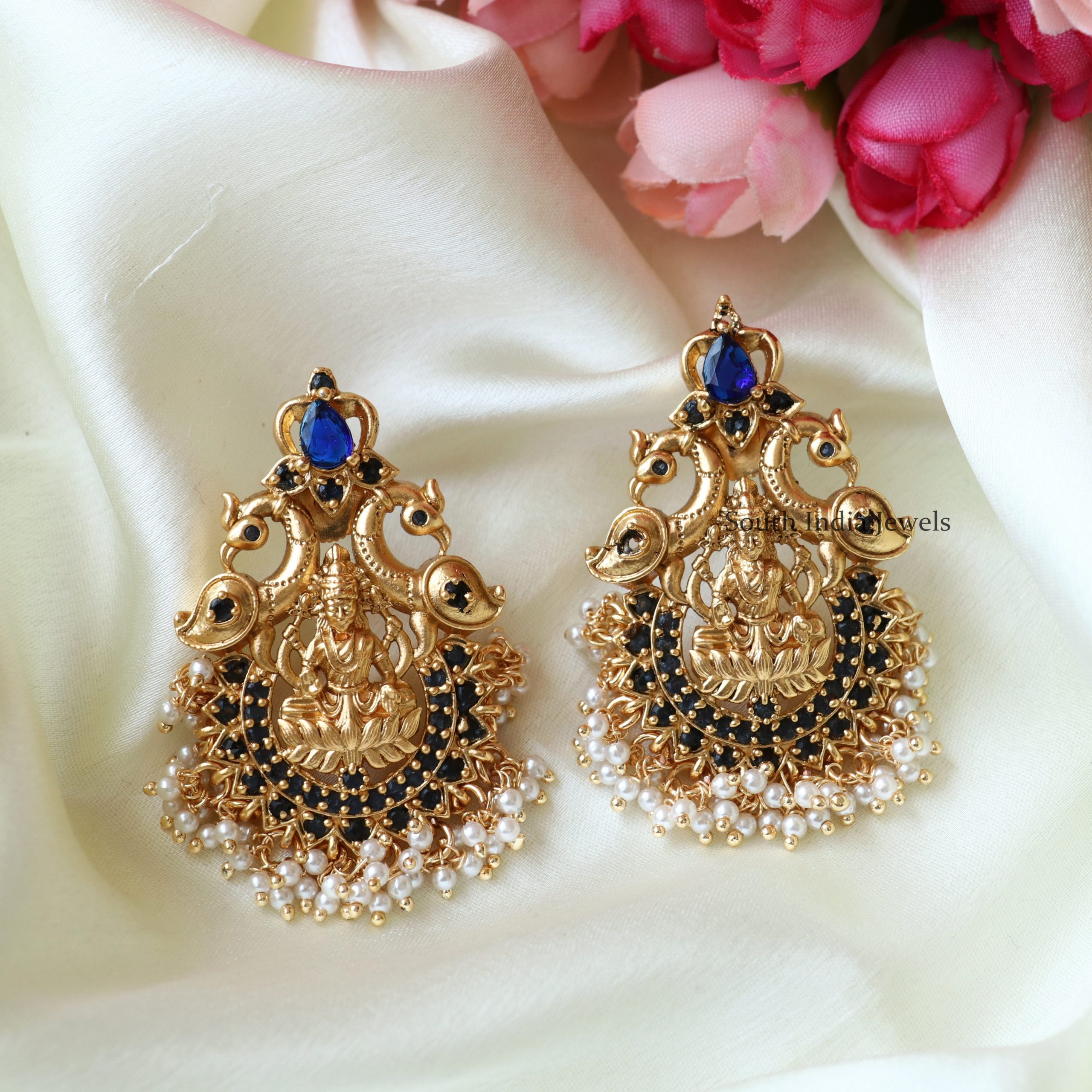 Ethnic Traditional Gold Pink and Navy Floral Meenakari Pearl Embellished Stud  Earring For Women