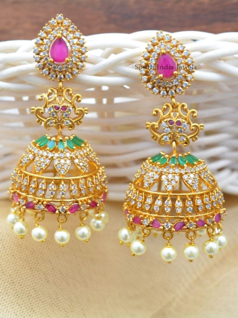 Matte Finish AD Stones Jhumkas with Pearl Hangings