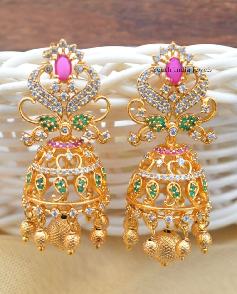 Matte Finish Multi Stones Peacock Jhumkas